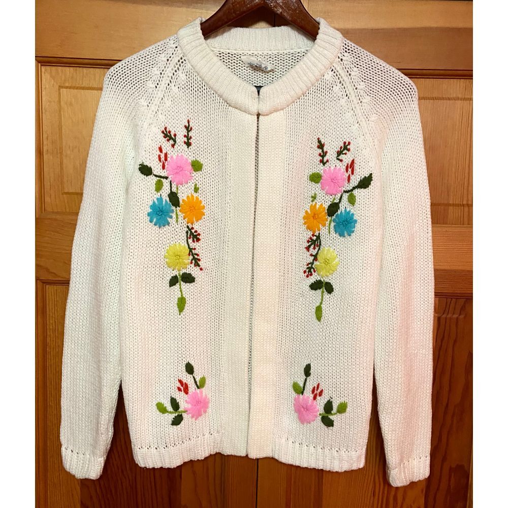 Vtg Miss Holly Cream Floral Embroidered Grannycore‎ Open Front Cardigan sz Small
